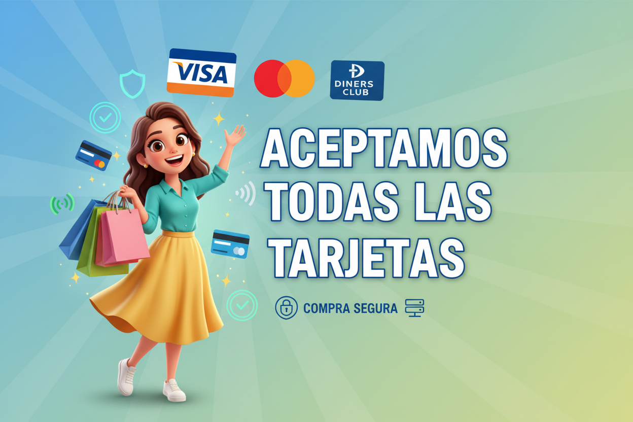 de fondo estén iconos visuales de formas de pago seguras con tarjeta, una chica animada y feliz de comprar. de texto ACEPTAMOS TODAS LAS TARJETAS. icono de visa, masterd card, diners club.