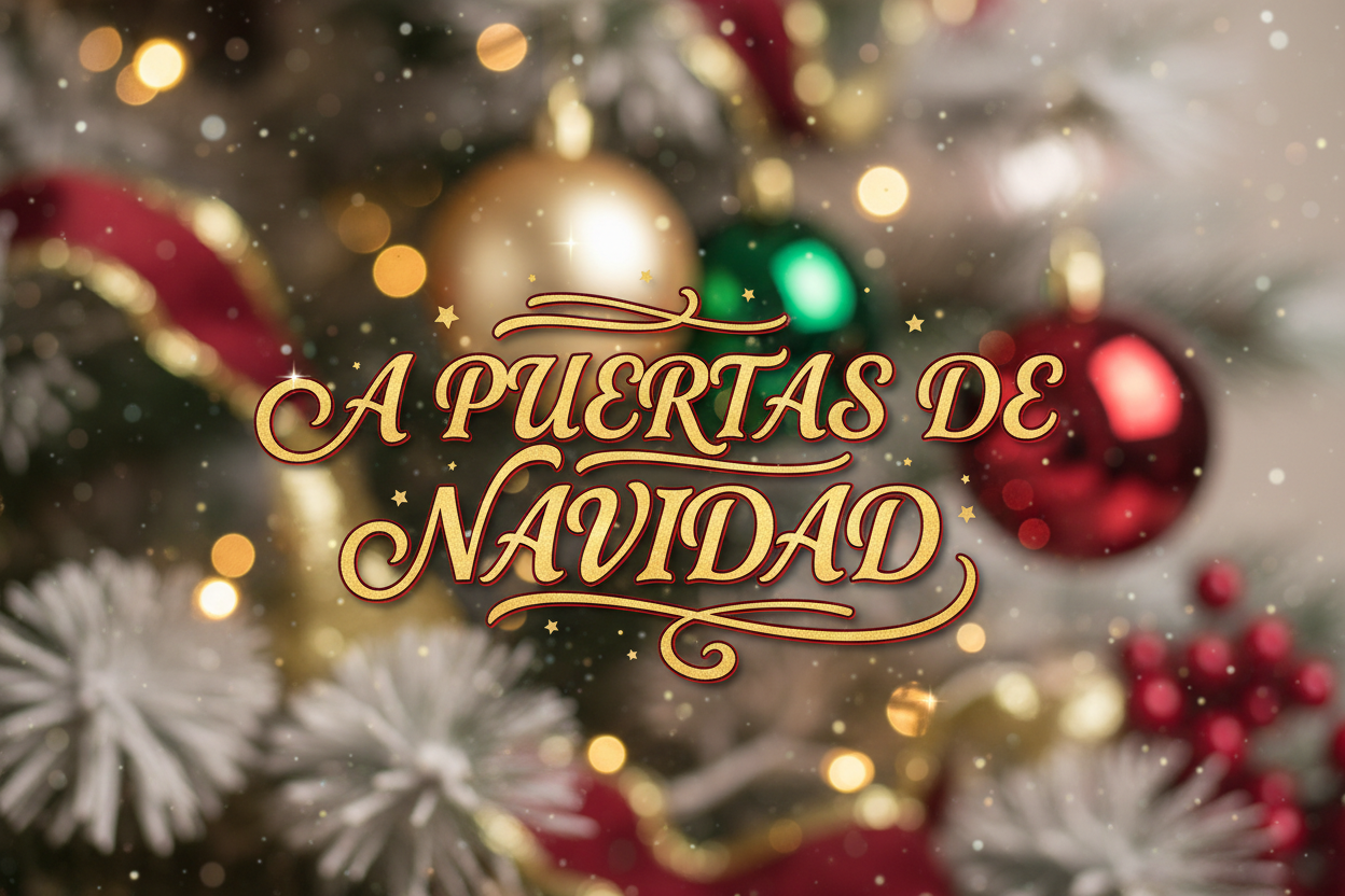 Imagen motivo navideño leve desenfocado con texto A PUERTAS DE NAVIDAD